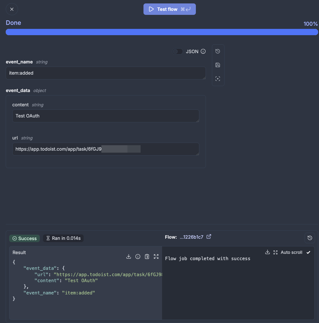 Input fields populated from JSON