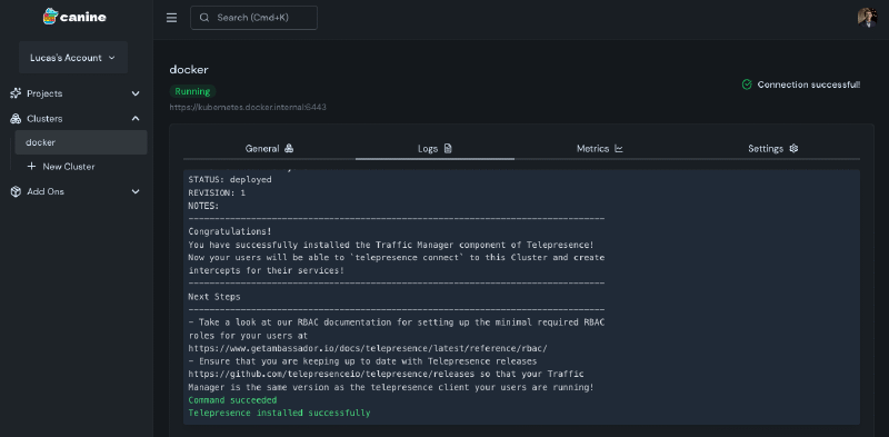 Canine Web UI showing a successfully configured cluster